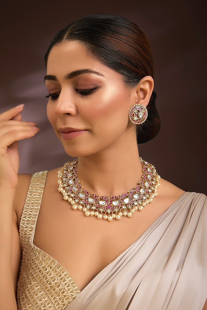 Gold Finish Kundan Polki & Ruby Stone Choker Necklace Set In Sterling Silver by Kiara Luxe at Pernia's Pop Up Shop