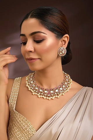 Gold Finish Kundan Polki & Ruby Stone Choker Necklace Set In Sterling Silver by Kiara Luxe