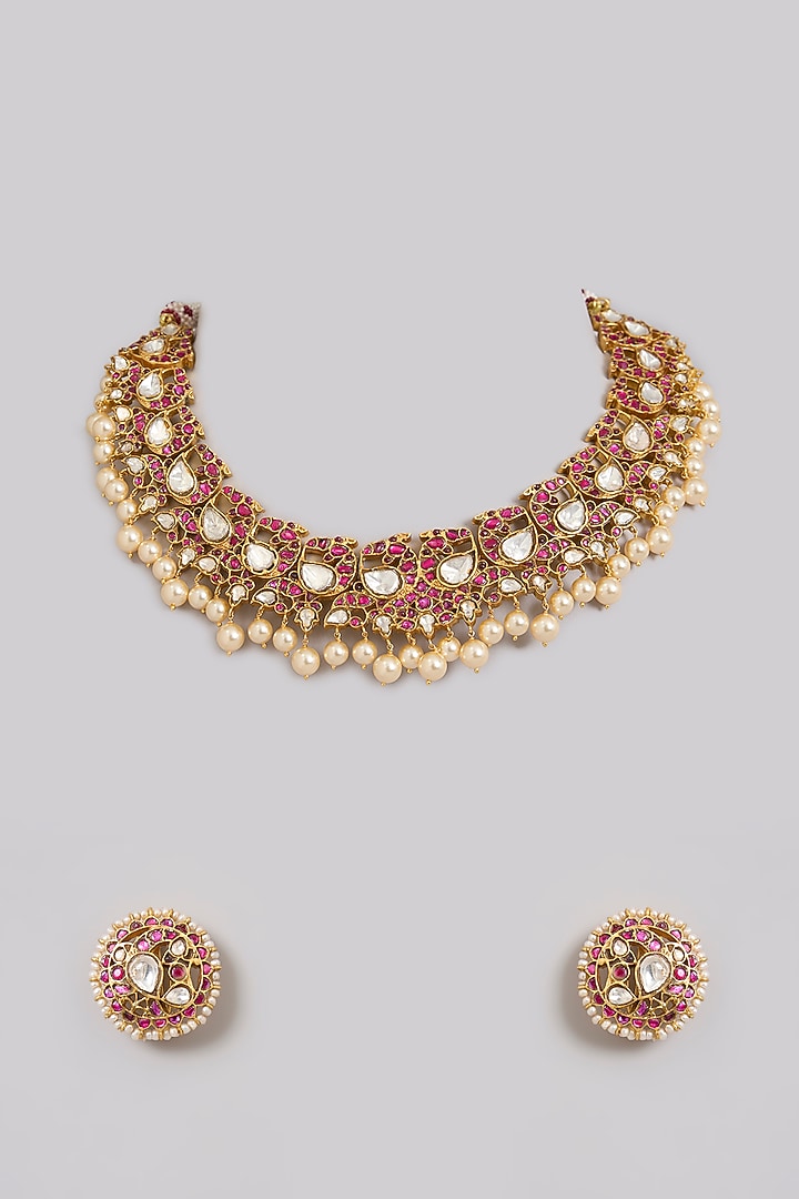 Gold Finish Kundan Polki & Ruby Stone Choker Necklace Set In Sterling Silver by Kiara Luxe at Pernia's Pop Up Shop