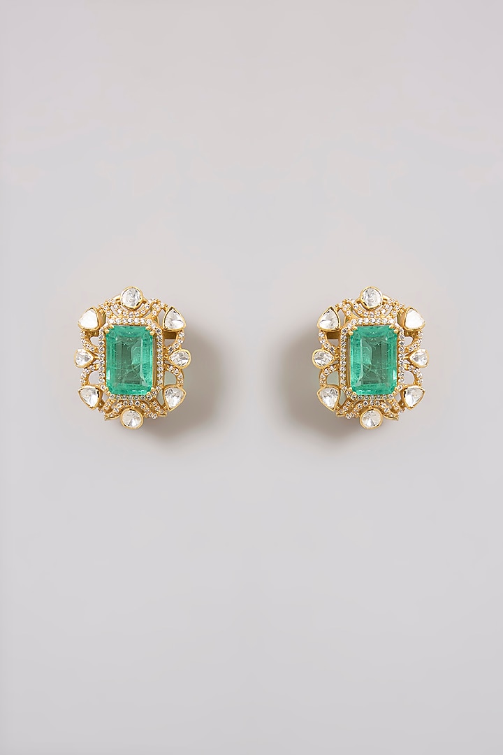 Gold Finish Moissanite Polki & Emerald Green Gemstone Layered Necklace Set In Sterling Silver by Kiara Luxe at Pernia's Pop Up Shop