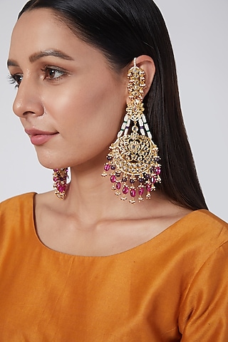 Gold Plated Synthetic Stone Chandbali Earrings by Kiara