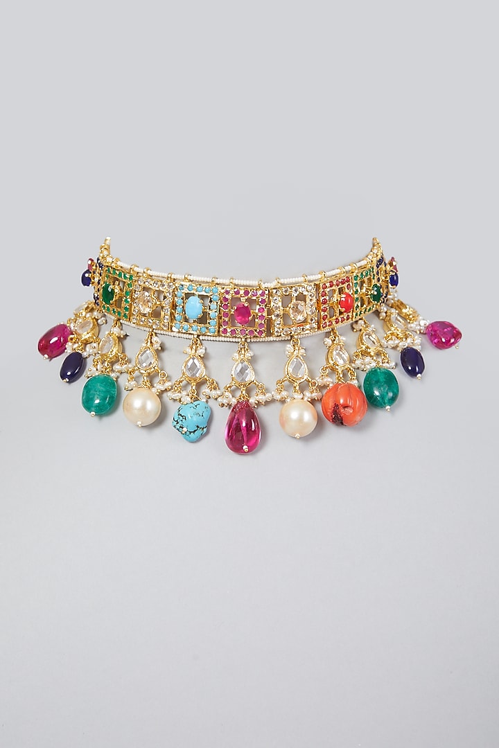 Gold Plated Navratan Stone Choker Necklace by Kiara at Pernia's Pop Up Shop