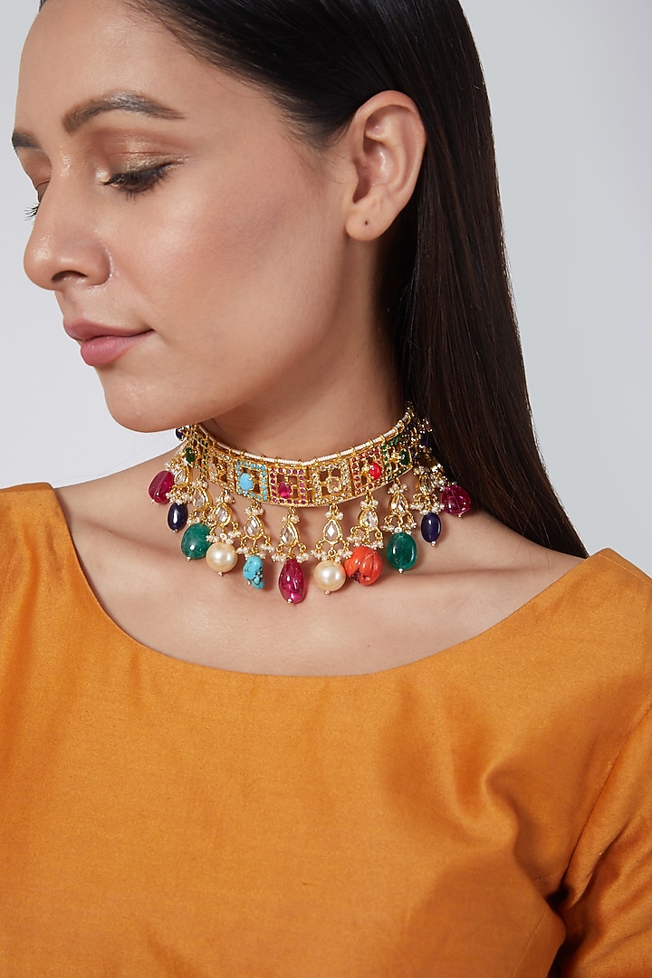 Gold Plated Navratan Stone Choker Necklace by Kiara at Pernia's Pop Up Shop