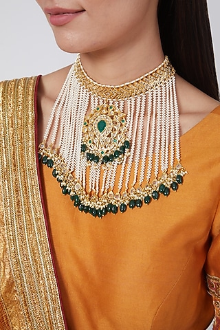 Gold Plated Green Stone Choker Necklace by Kiara