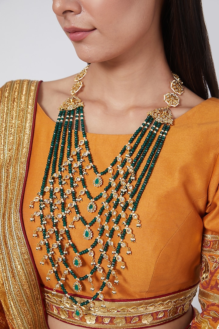 Gold Plated Green Beaded Layered Necklace  by Kiara