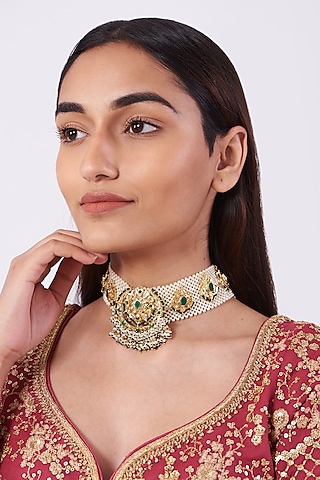 Gold Plated Pearl & Green Onyx Choker Necklace by Kiara