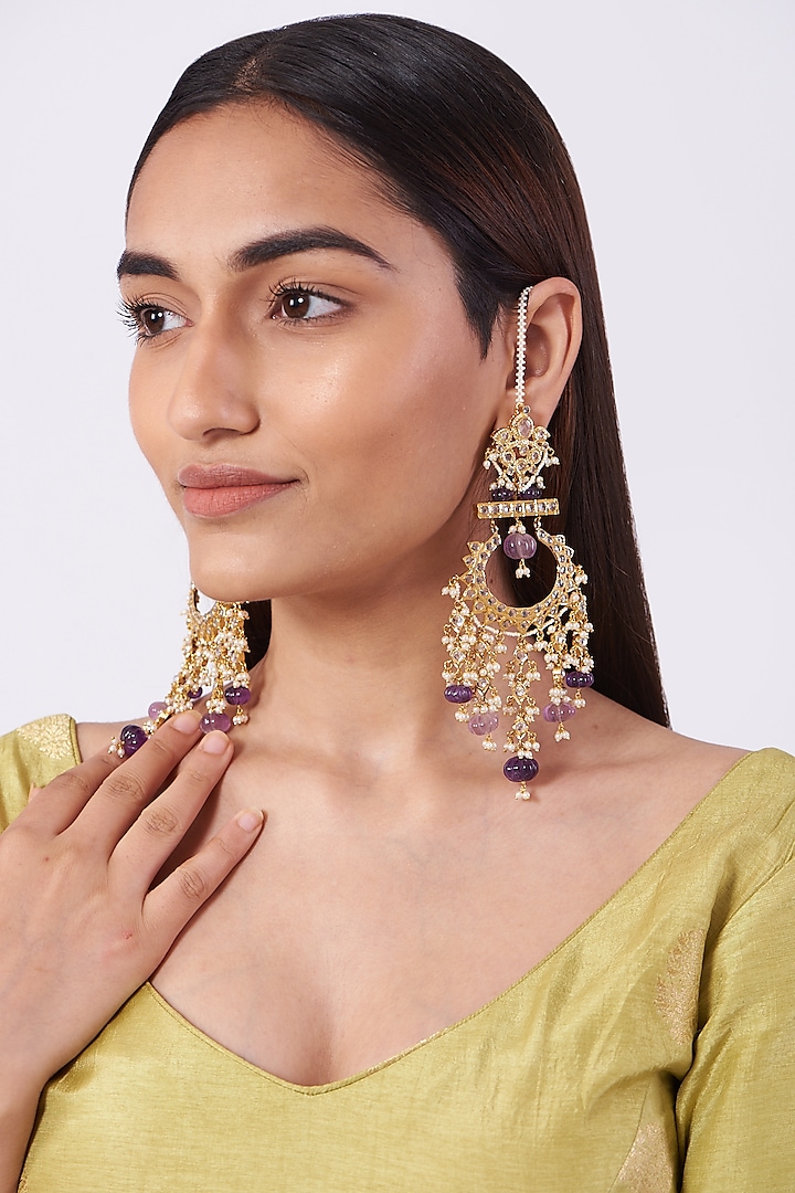 Gold Plated Purple Amethyst Chandbali Earrings by Kiara