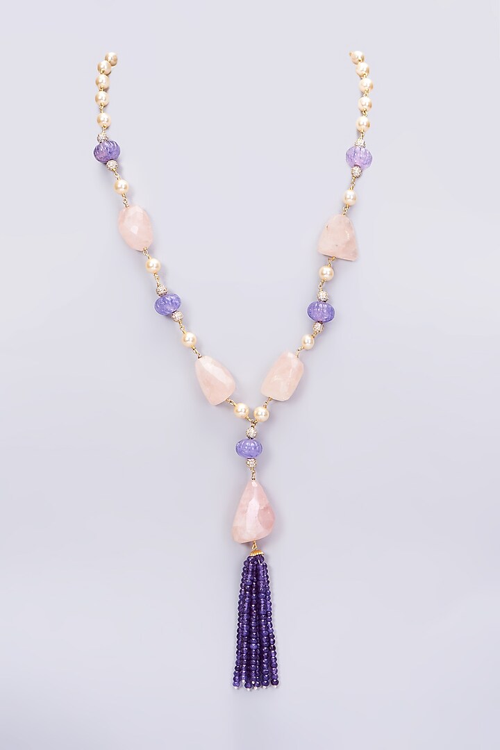 Gold Plated Pink Quartz Long Necklace by Kiara at Pernia's Pop Up Shop