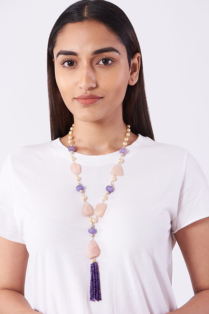 Gold Plated Pink Quartz Long Necklace by Kiara at Pernia's Pop Up Shop