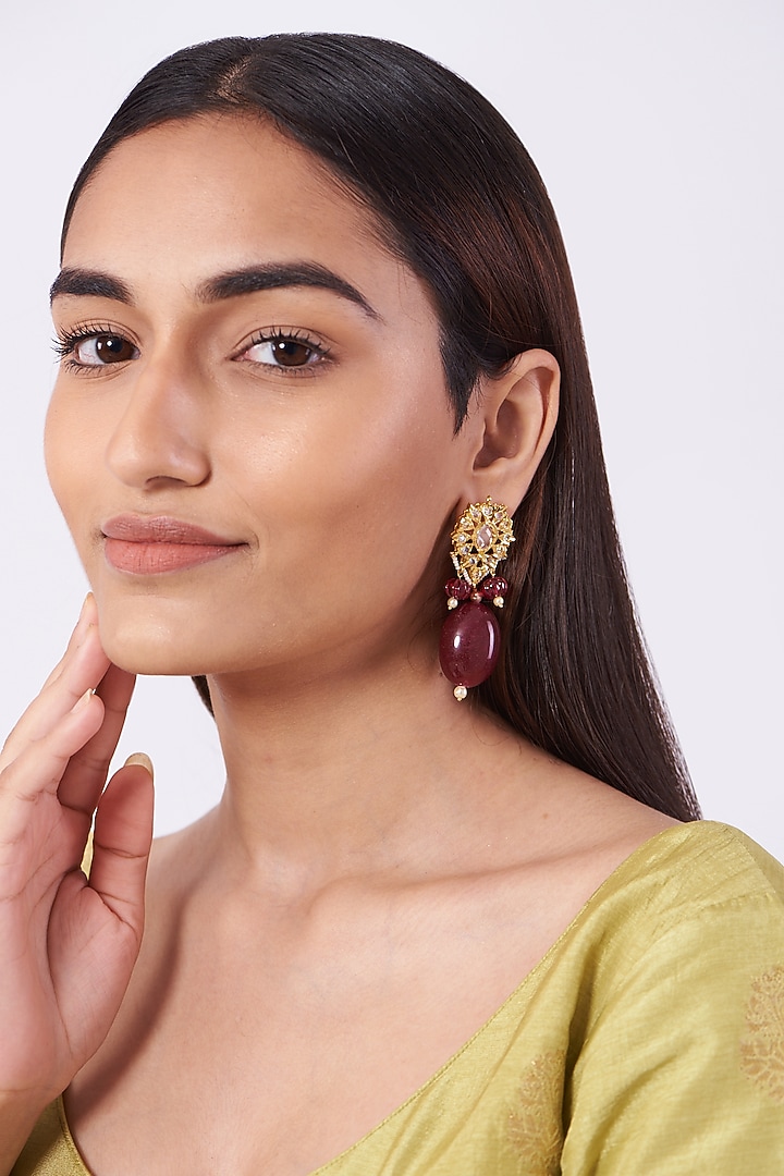 Gold Plated Red Onyx Stud Earrings by Kiara at Pernia's Pop Up Shop