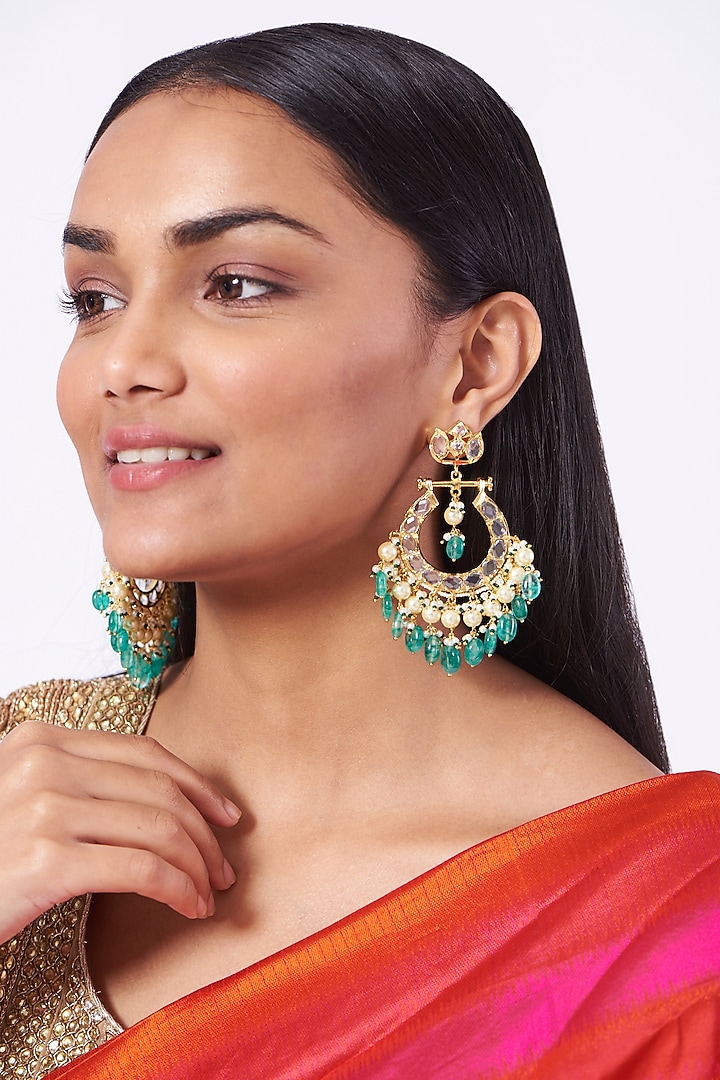 Gold Plated Green Onyx Chandbali Earrings by Kiara at Pernia's Pop Up Shop