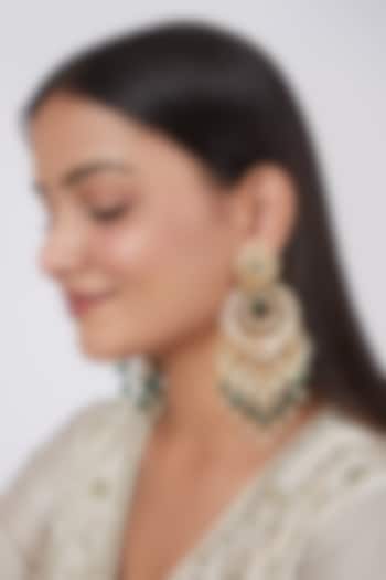Gold Plated Green Onyx & Pearl Chandbali Earrings by Kiara