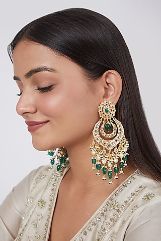 Gold Plated Green Onyx & Pearl Chandbali Earrings by Kiara