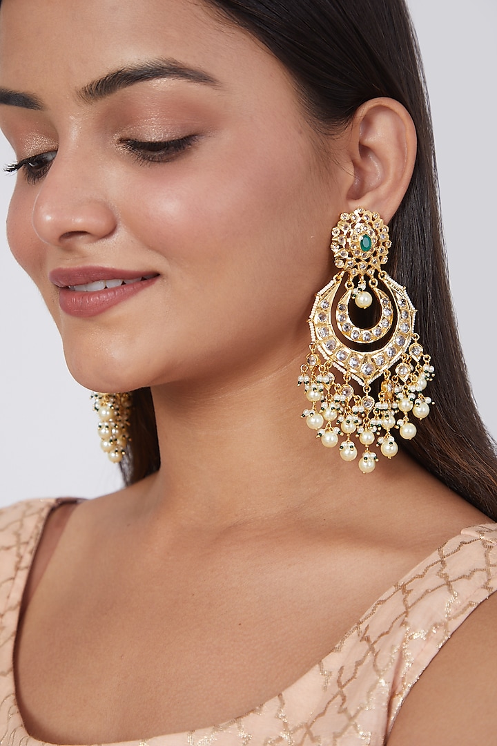 Gold Plated Kundan Polki & Pearl Chandbali Earrings by Kiara