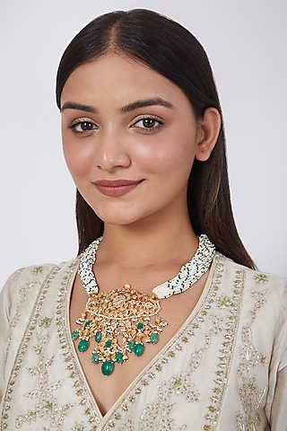 Gold Plated Kundan Polki & Beaded Necklace by Kiara