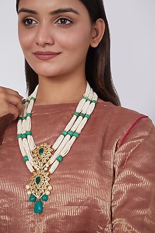 Gold Plated Kundan Polki & Pearl Necklace by Kiara
