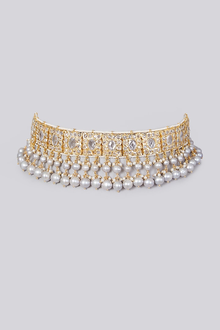 Gold Plated Kundan Polki & Pearl Choker Necklace by Kiara