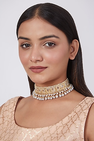 Gold Plated Kundan Polki & Pearl Choker Necklace by Kiara