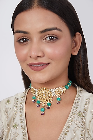 Gold Plated Onyx Beaded Choker Necklace by Kiara