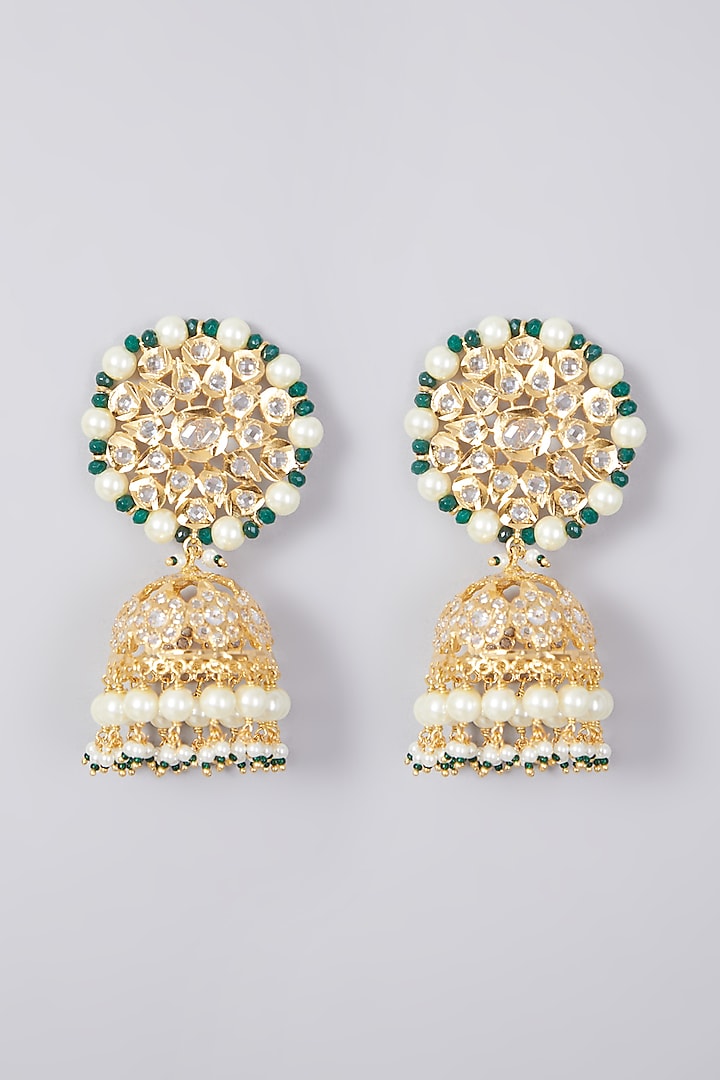 Gold Plated Kundan Polki & Pearl Jhumka Earrings by Kiara