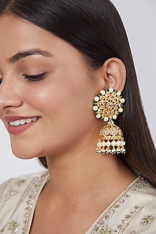 Gold Plated Kundan Polki & Pearl Jhumka Earrings by Kiara