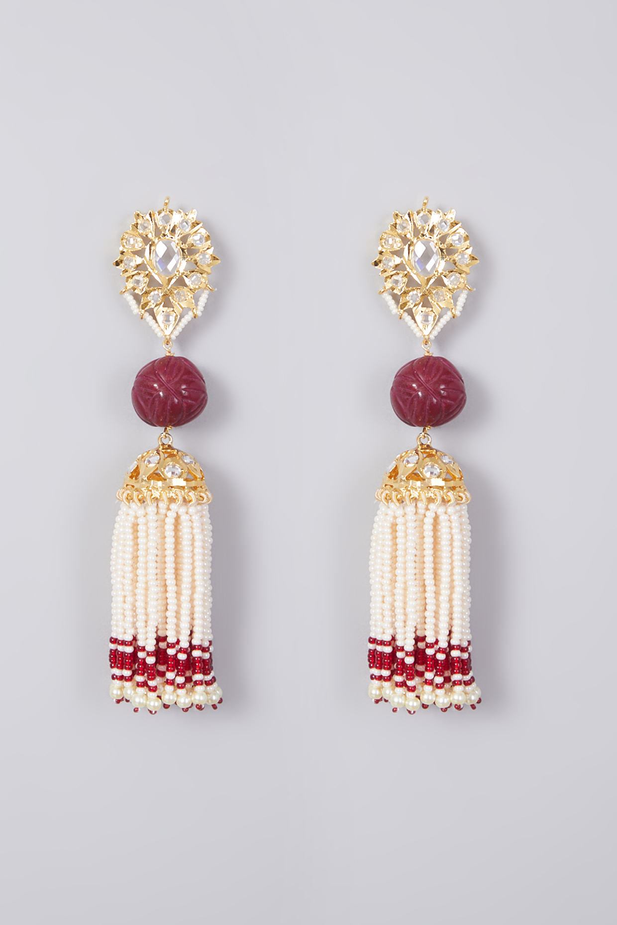 Gold Plated Red Onyx & Pearl Jhumka Earrings by Kiara