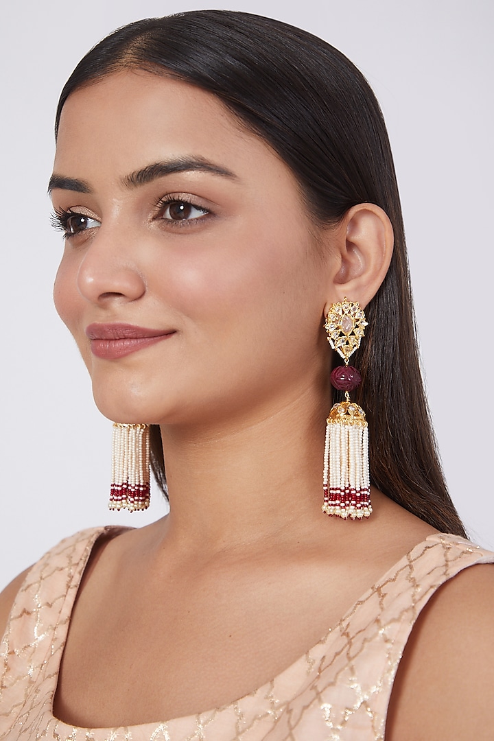 Gold Plated Red Onyx & Pearl Jhumka Earrings by Kiara