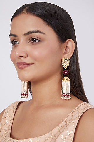 Gold Plated Red Onyx & Pearl Jhumka Earrings by Kiara