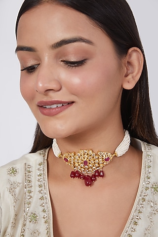 Gold Plated Kundan Polki Choker Necklace by Kiara