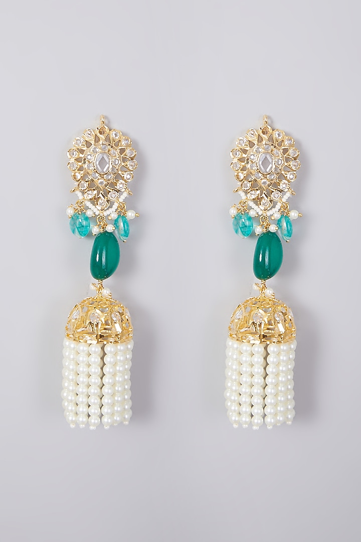 Gold Plated Pearl & Kundan Polki Jhumka Earrings by Kiara