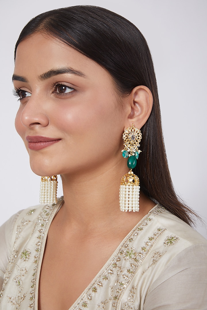 Gold Plated Pearl & Kundan Polki Jhumka Earrings by Kiara
