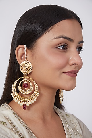 Gold Plated Reddish Pink Stone Chandbali Earrings by Kiara