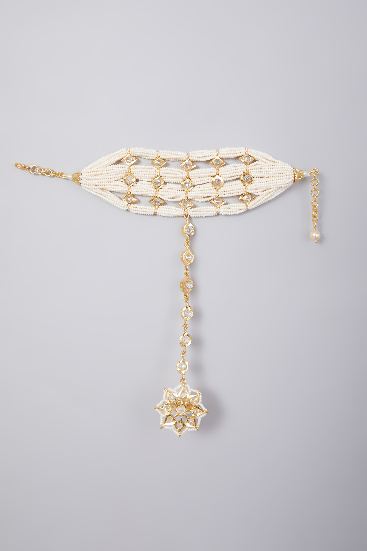 Gold Plated Pearl & Kundan Polki Hathphool by Kiara