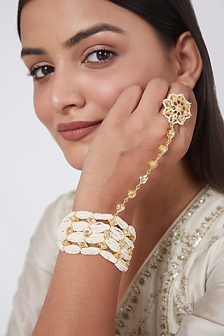 Gold Plated Pearl & Kundan Polki Hathphool by Kiara