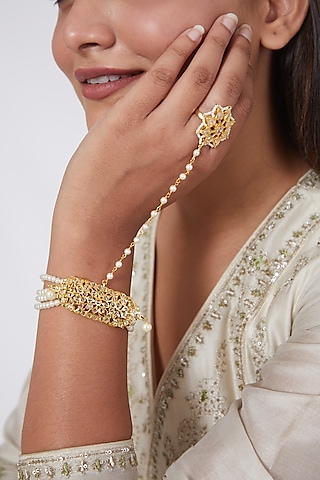 Gold Plated Kundan Polki Hathphool by Kiara