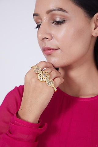 Gold Plated Kundan Polki Palm Cuff by Kiara