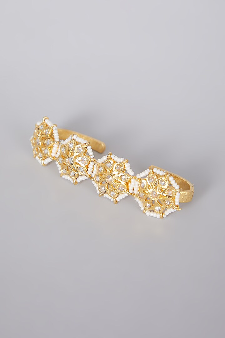 Gold Plated Kundan Polki & Pearls Palm Cuff by Kiara