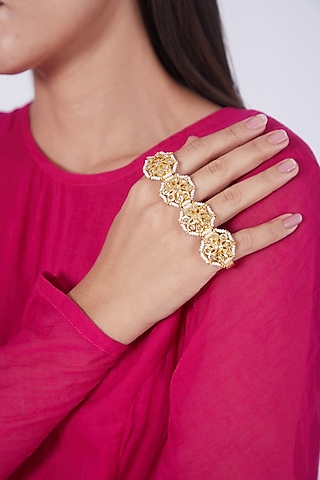 Gold Plated Kundan Polki & Pearls Palm Cuff by Kiara