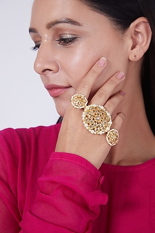 Gold Plated Palm Cuff With Kundan Polki by Kiara