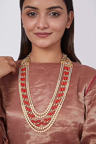 Gold Plated Coral Beaded Seven Layered Necklace by Kiara