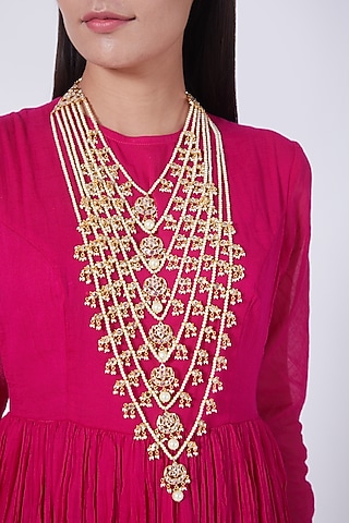 Gold Plated Pearl Seven Layered Necklace by Kiara
