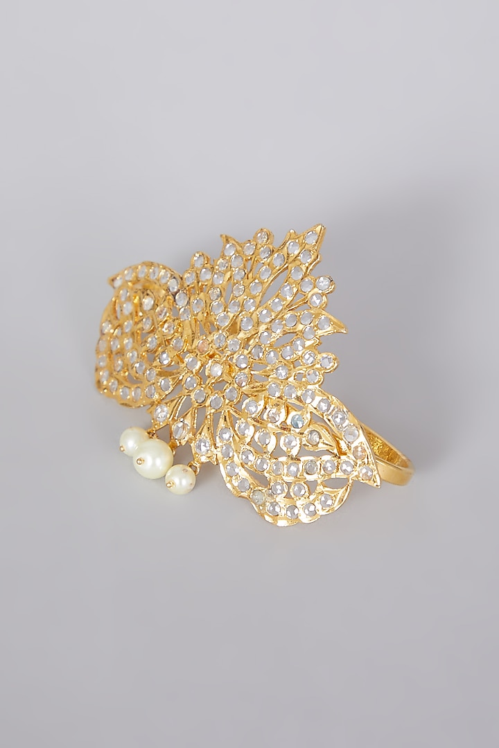 Gold Plated Palm Cuff With Pearls & Kundan Polki by Kiara