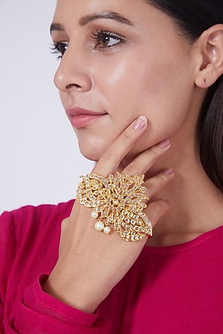 Gold Plated Palm Cuff With Pearls & Kundan Polki by Kiara