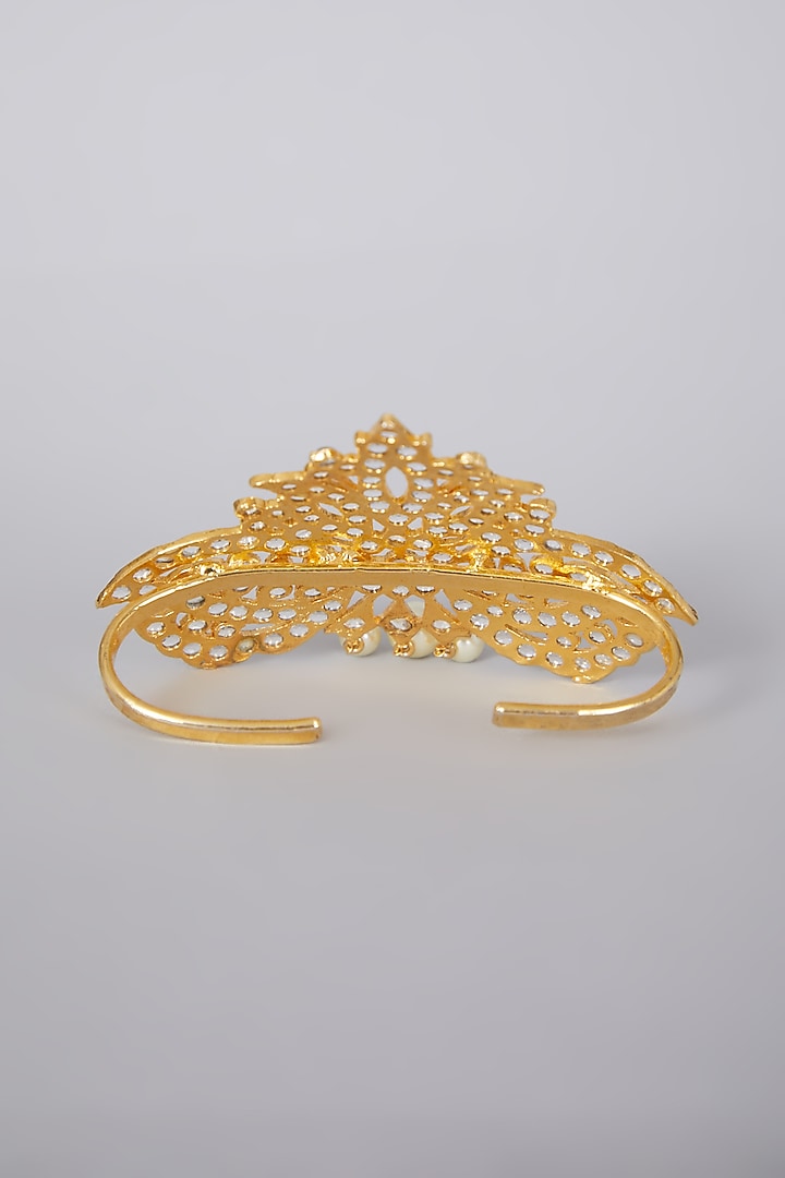 Gold Plated Palm Cuff With Pearls & Kundan Polki by Kiara at Pernia's Pop Up Shop