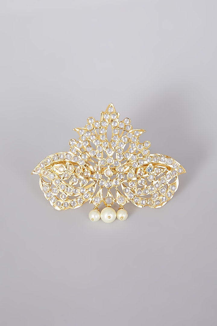Gold Plated Palm Cuff With Pearls & Kundan Polki by Kiara at Pernia's Pop Up Shop
