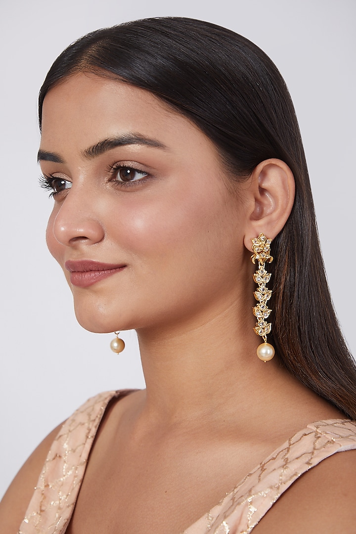 Gold Plated Kundan Polki Dangler Earrings by Kiara