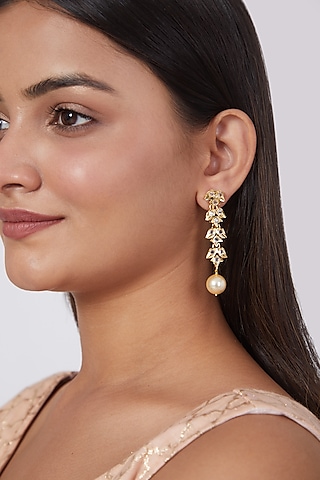 Gold Plated Kundan Polki & Pearl Dangler Earrings by Kiara
