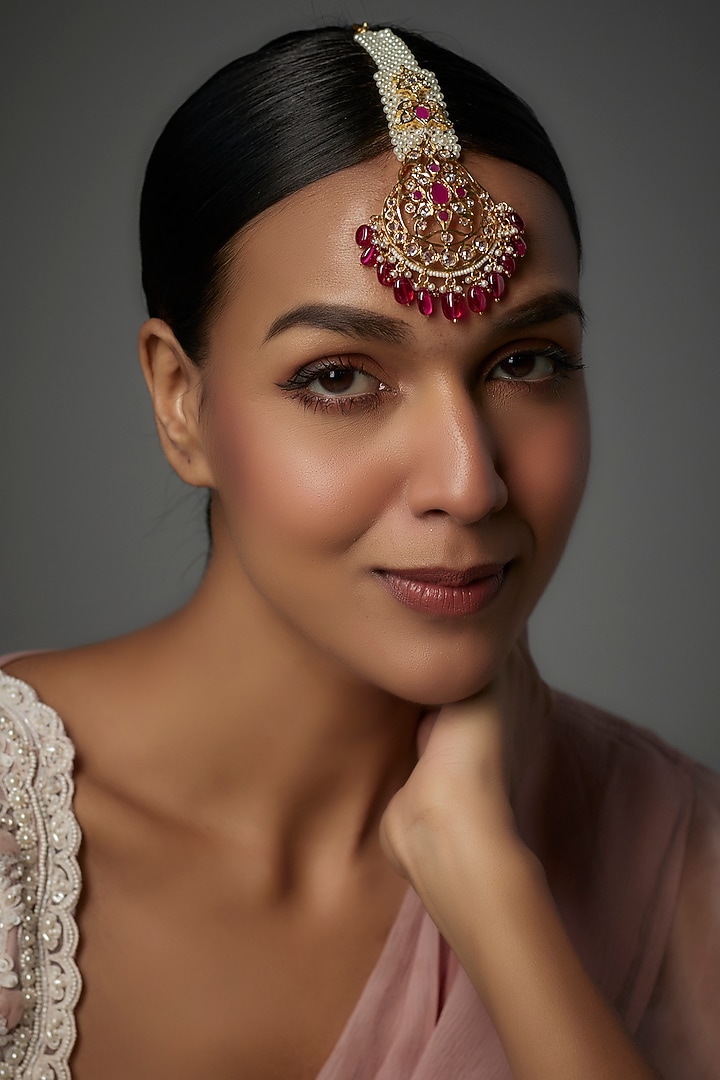 Gold Plated Kundan Polki & Red Onyx Maangtikka by Kiara at Pernia's Pop Up Shop