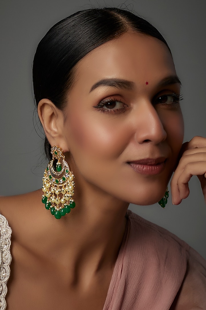 Gold Plated Kundan Polki & Onyx Chandbali Earrings by Kiara at Pernia's Pop Up Shop