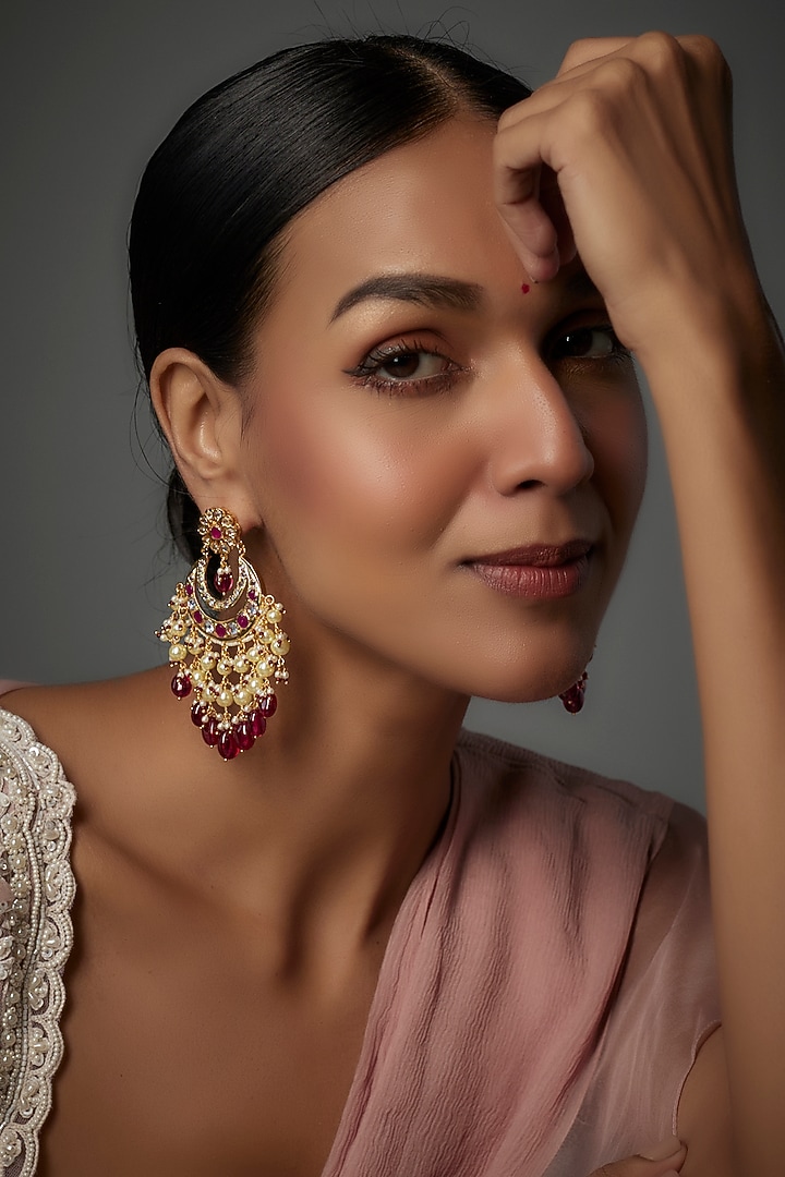 Gold Plated Kundan Polki & Onyx Chandbali Earrings by Kiara at Pernia's Pop Up Shop